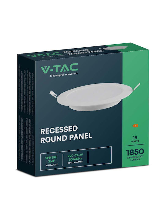 V-TAC Round Recessed LED Panel 18W with Cool White Light 6500K 22cm