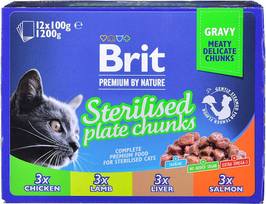 Brit Premium Sterilised Plate Chunks Wet Food for Adult Cats in Pouch with Lamb Chicken Salmon and Liver Gluten Free 12x100gr