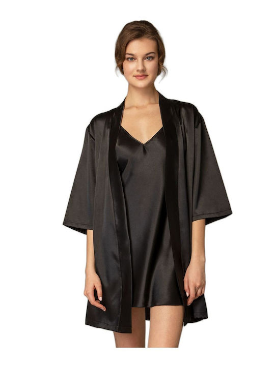 FMS Summer Satin Women's Nightdress with String Black