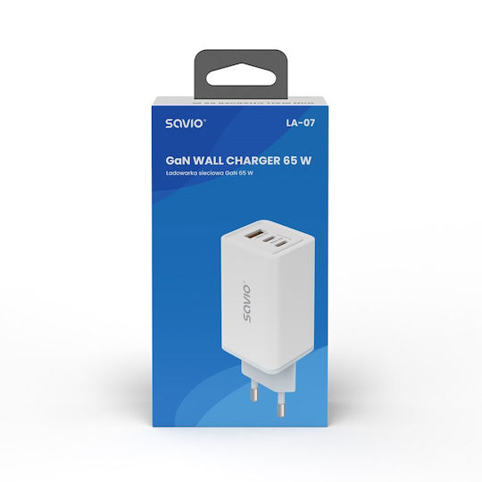 Savio GaN Wireless Charger with USB-A Port and 2 USB-C Output Ports 65W Power Delivery / Quick Charge 3.0 White