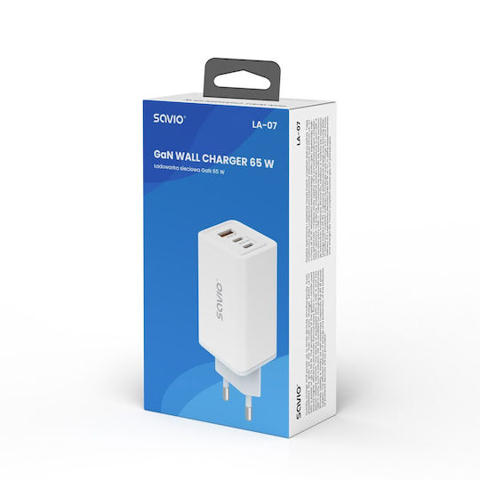 Savio GaN Wireless Charger with USB-A Port and 2 USB-C Output Ports 65W Power Delivery / Quick Charge 3.0 White
