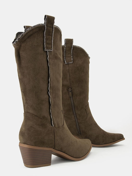 Wildleder Damenstiefel Cowboy mit mittlerem Absatz Khaki