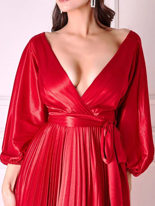 Midi Abendkleid Satin Wickel Rot