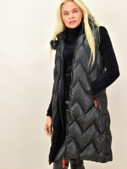 Potre Kurz Damen Ärmellos Puffer Jacke mit pelziger Kapuze Schwarz