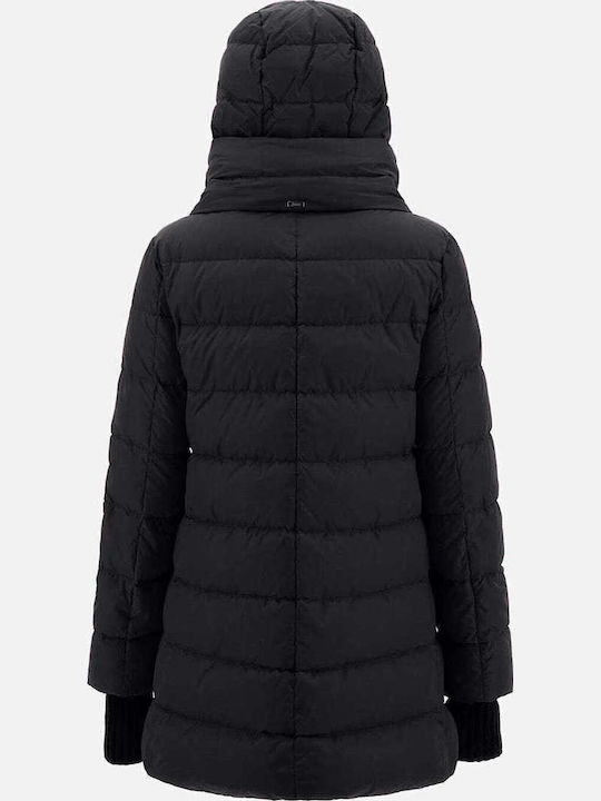 Women's Long Puffer Jacket Waterproof for Winter with Hood Black