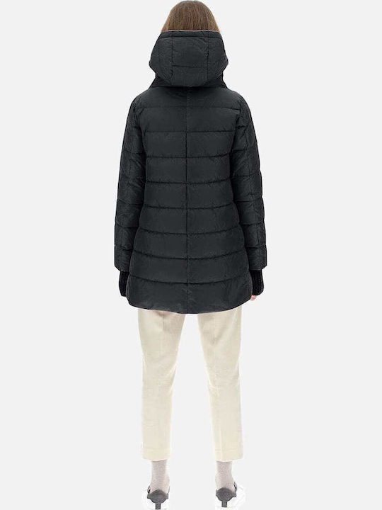Women's Long Puffer Jacket Waterproof for Winter with Hood Black