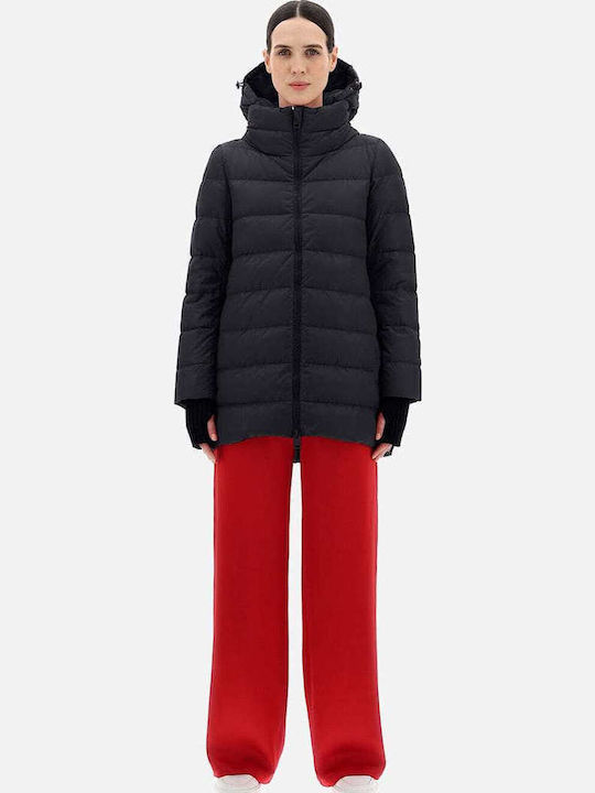 Women's Long Puffer Jacket Waterproof for Winter with Hood Black