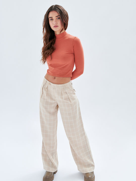 24 Colours Women's Fabric Trousers Checked Beige