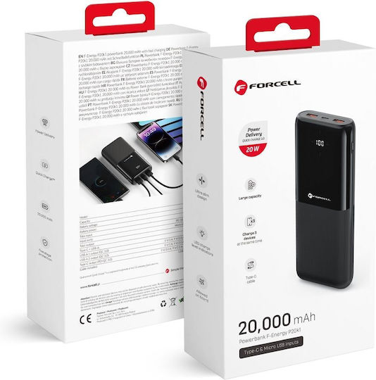 Forcell F-Energy P20k1 Power Bank 20000mAh 20W με 2 Θύρες USB-A και Θύρα USB-C Power Delivery / Quick Charge 3.0 Μαύρο