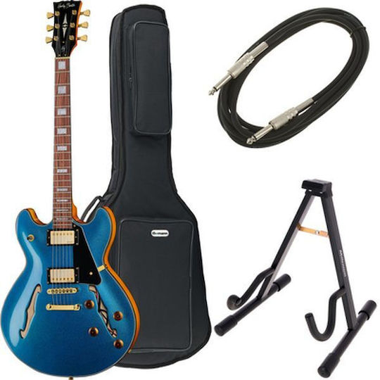 Harley Benton Elektrische Gitarre ES mit HH Tonabnehmerkonfiguration Metallic Blue mit Tasche