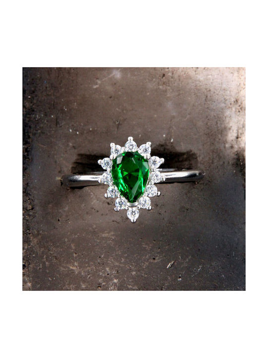 Ios Women's Silver Ring Green with Zircon