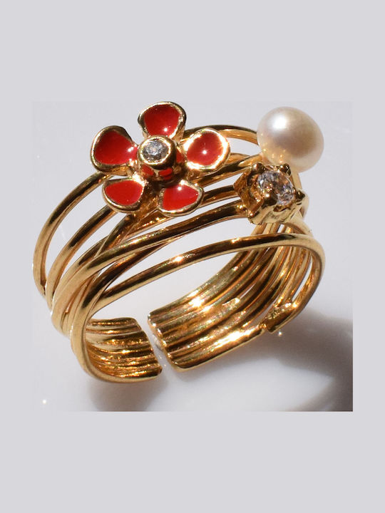 Bizoutaki Ring with Pearls, Zircon & Enamel made of Silver Gold Plated