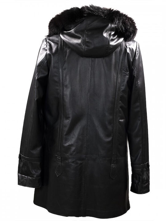 Ageridis Leather Women's Short Lifestyle Leather Jacket for Winter with Hood Black