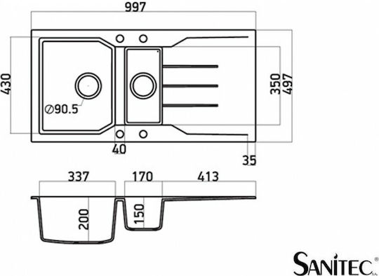 Sanitec Ultra Granite Drop-In Kitchen Sink Made of Liquid Granite 100x50cm Grey