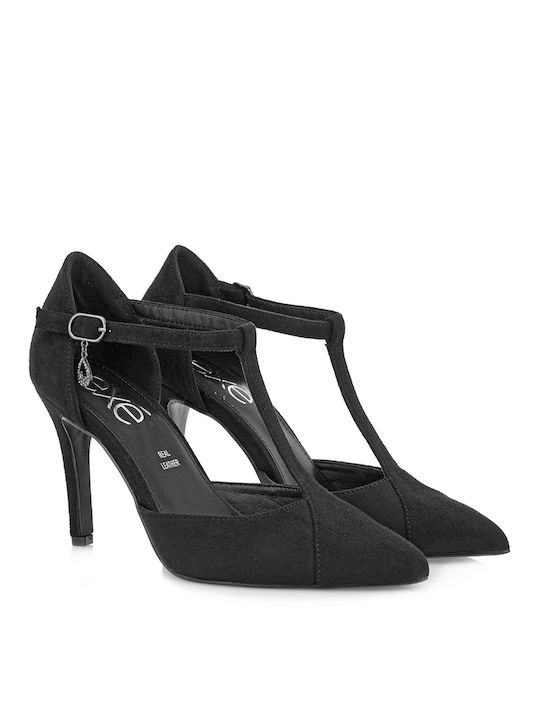 Exe Suede Pantofi cu toc cu Curea Negre