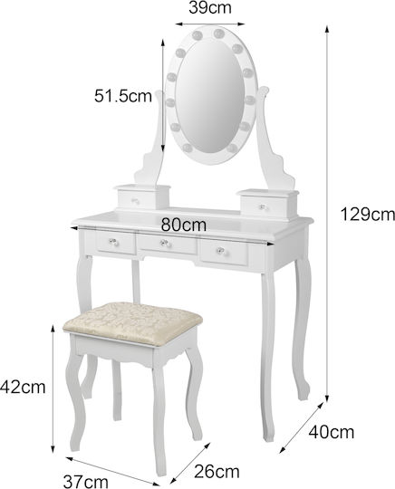 Masută De Toaletă De Podea Din Lemn Albă Cu Oglindă Și Taburet 80x40x129cm