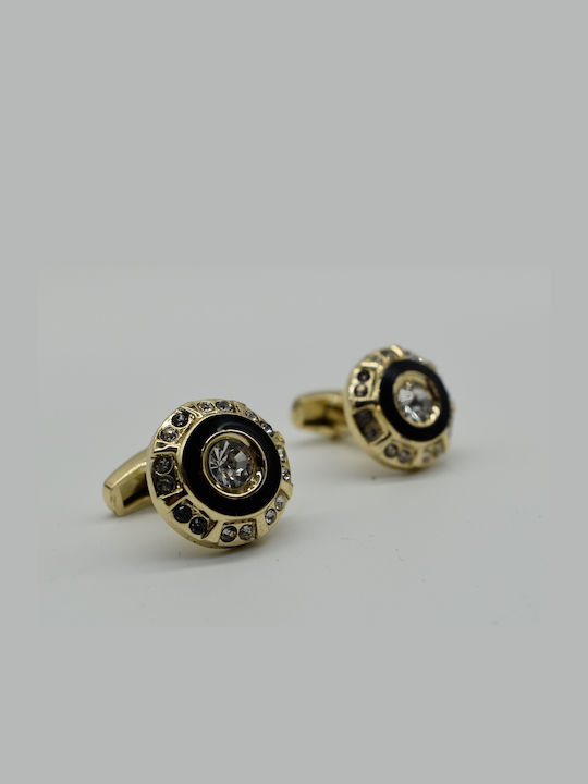 GOLD ROUND CUFFLINKS WITH BLACK FRAME AND STONES - M11