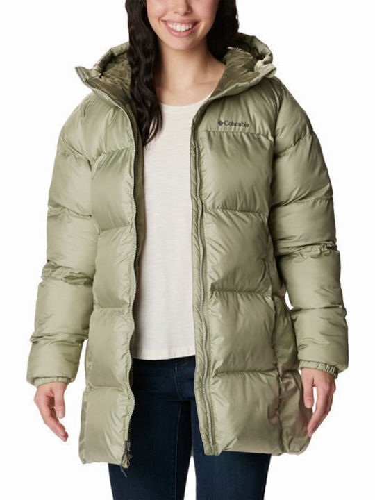 Puffect Mid Women's for Hiking Long Puffer Jacket for Spring or Autumn with Hood Khaki