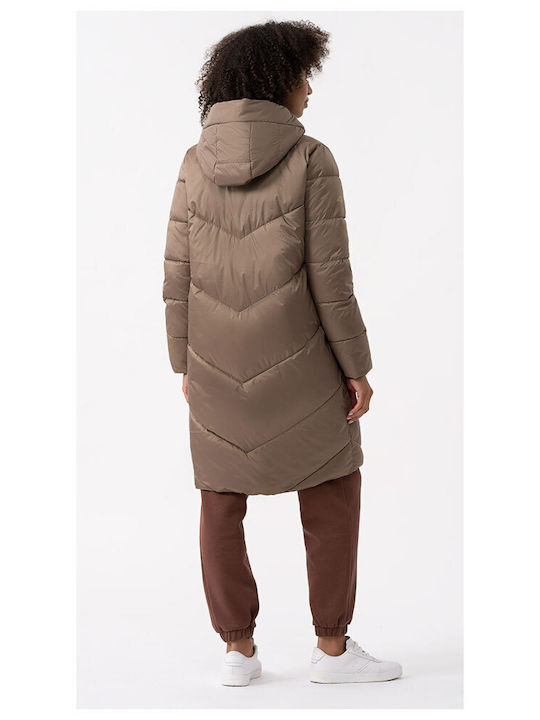 4F Lang Damen Puffer Jacke für Winter Braun