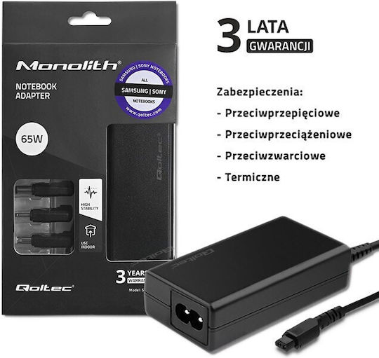 Qoltec Încărcător Laptop 65W 19.5V 3.33A pentru Samsung / Sony cu Cablu de Alimentare Detașabil și cu set de mufe