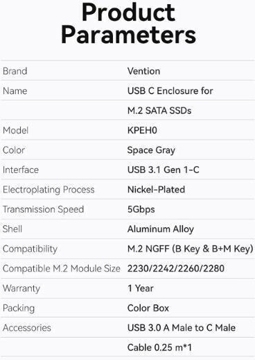 Vention Case for Hard Drive M.2 SATA III with Connection Type-C Gray