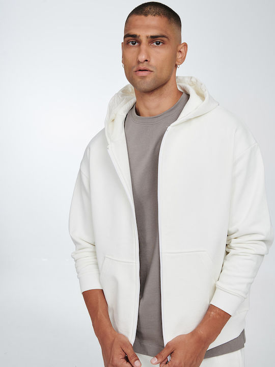 P/Coc Men's Sweatshirt Jacket with Hood and Pockets White