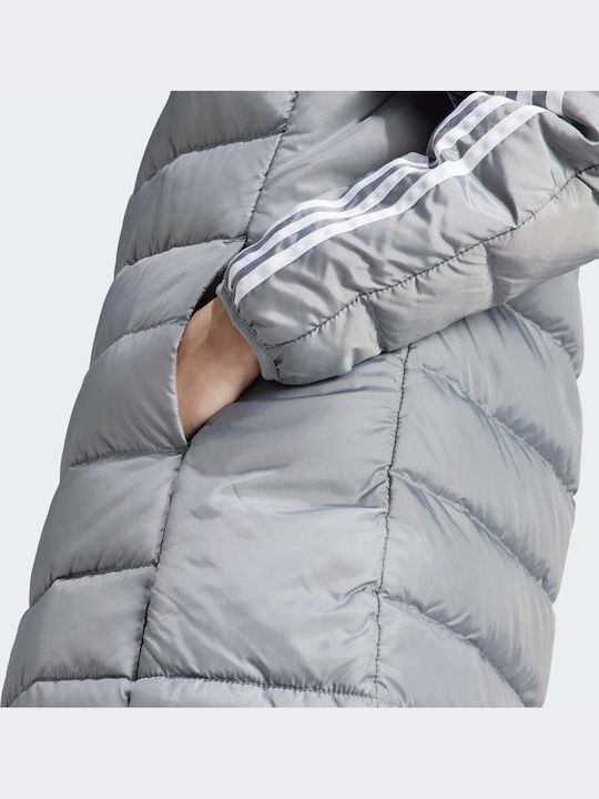 Essentials 3-stripes Light Women's Long Puffer Jacket for Winter with Hood Gray
