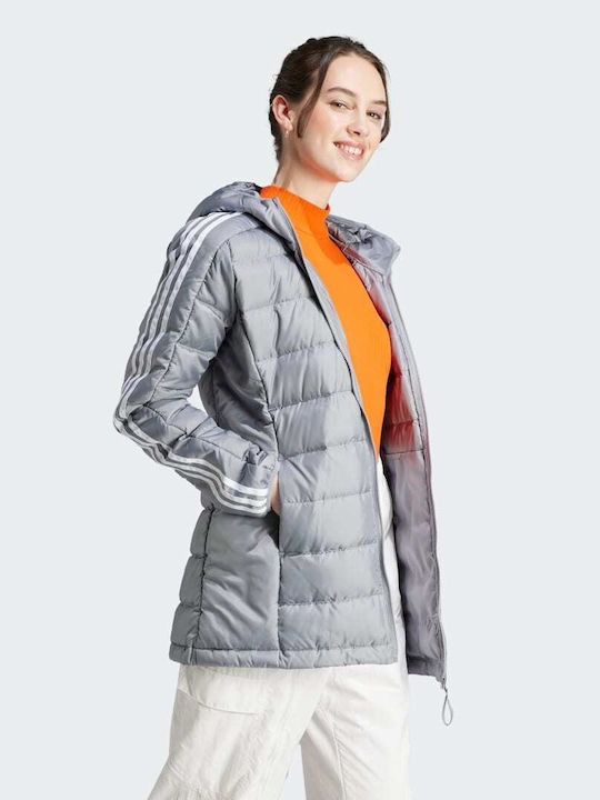 Essentials 3-stripes Light Women's Long Puffer Jacket for Winter with Hood Gray
