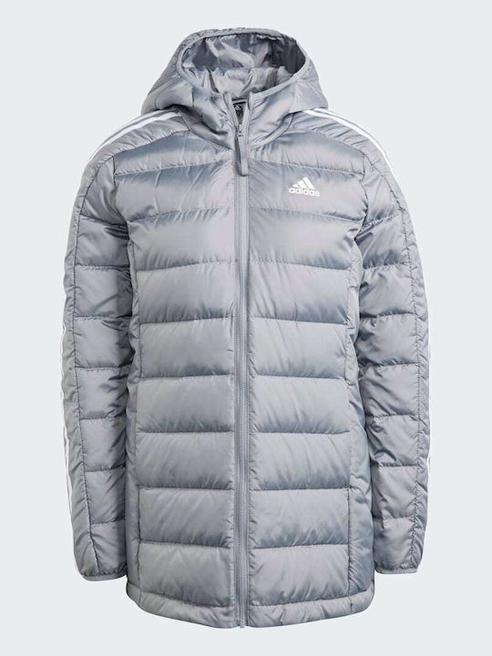 Essentials 3-stripes Light Women's Long Puffer Jacket for Winter with Hood Gray