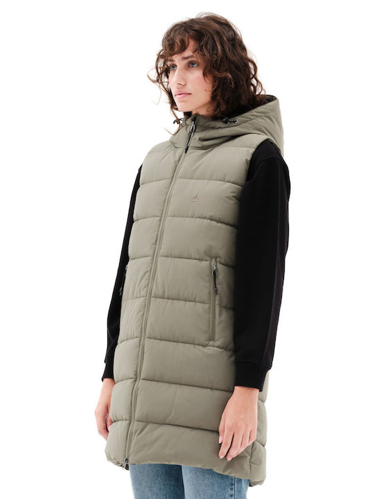 Lungă Jachetă de femei Fără mâneci Puffer Kaki
