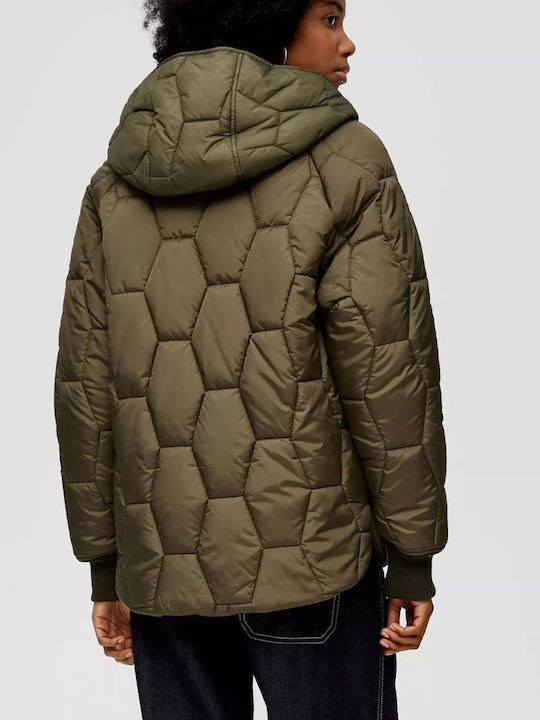 Women's Short Puffer Jacket for Spring or Autumn Khaki
