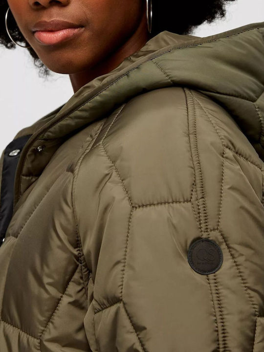 Women's Short Puffer Jacket for Spring or Autumn Khaki