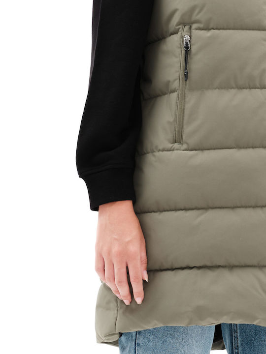 Lungă Jachetă de femei Fără mâneci Puffer Kaki