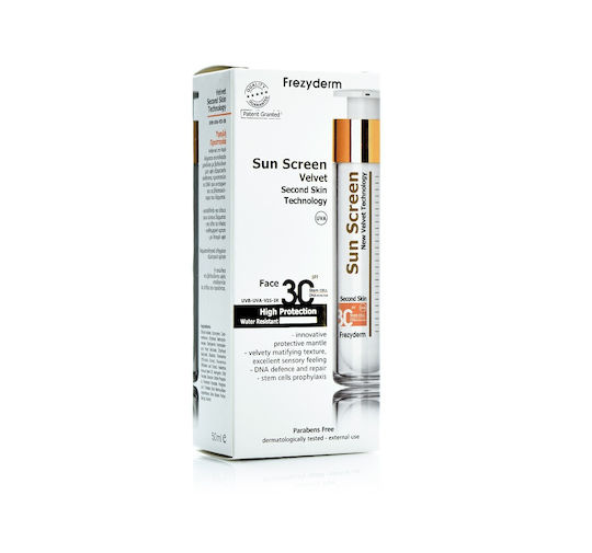 Frezyderm Sun Screen Velvet Αδιάβροχη Αντηλιακή Κρέμα Προσώπου SPF30 50ml