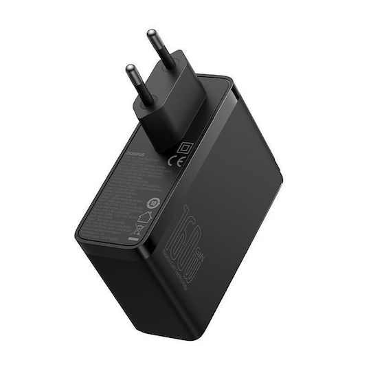 Baseus GaN с USB-A порт и 2 USB-C порта и кабел USB-C - USB-C 160W Power Delivery Черен (GaN5 Pro)
