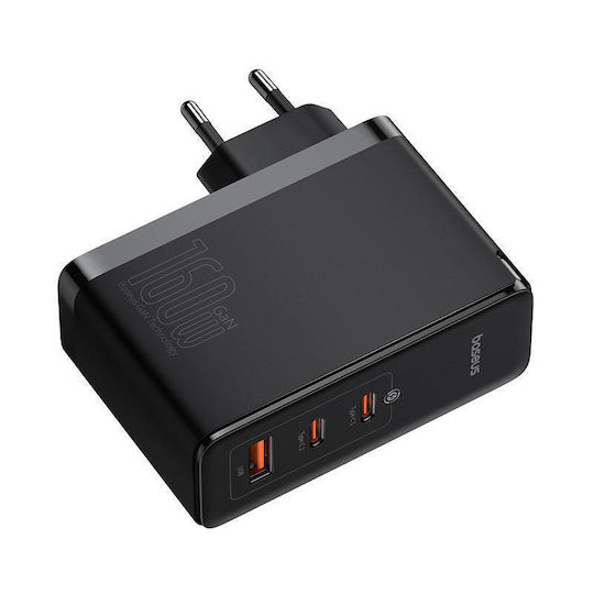 Baseus GaN с USB-A порт и 2 USB-C порта и кабел USB-C - USB-C 160W Power Delivery Черен (GaN5 Pro)