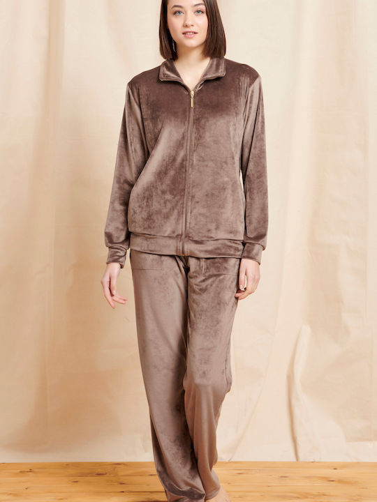 Jeannette Lingerie Winter Women's Pyjama Set Velvet Brown