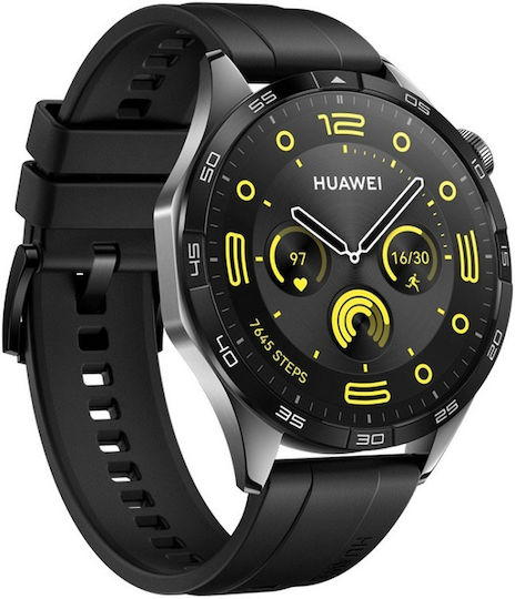 Huawei Watch GT 4 Stainless Steel 46mm Waterproof with Heart Rate Monitor (Black Fluoroelastomer Strap)