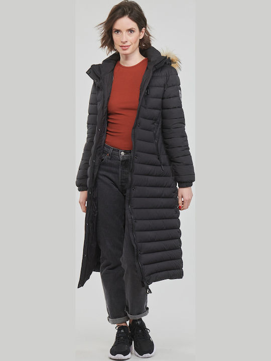 Fuji Women's Long Puffer Jacket for Winter with Hood Black