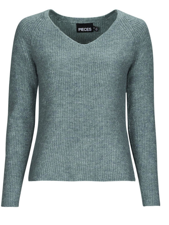Damen Langarm Pullover mit V-Ausschnitt Grün