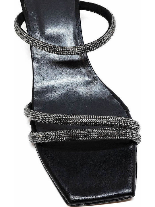 Leather Mules with Chunky High Heel in Black Color
