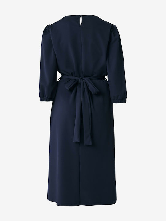 Midi Shirt Dress with 3/4 Sleeve Wrap Navy Blue