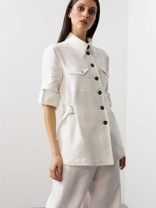 BCBG Maxazria Women's Linen Monochrome Long Sleeve Shirt White
