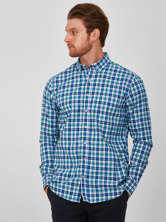 Basefield Men's Shirt Long Sleeve Cotton Checked Blue