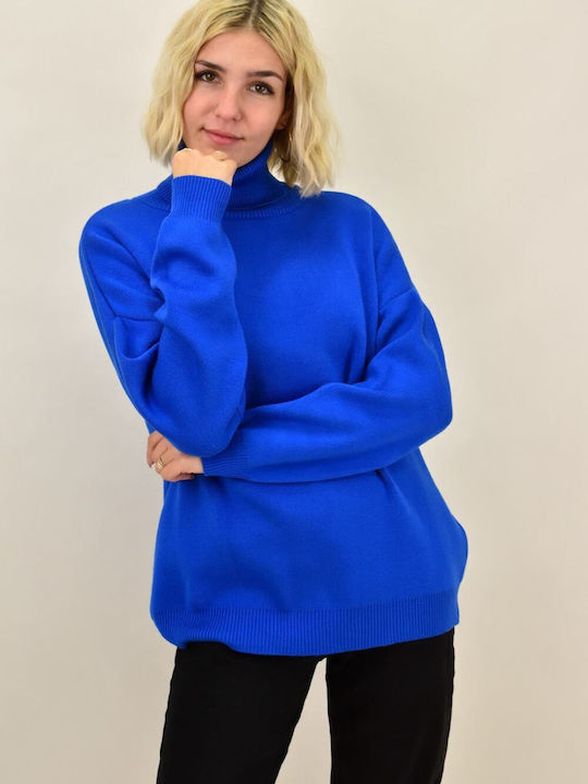 Potre Women's Long Sleeve Pullover Turtleneck Blue