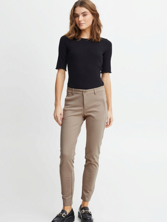 Mid Waist Γυναικείο Υφασμάτινο Παντελόνι σε Slim Εφαρμογή Μπεζ