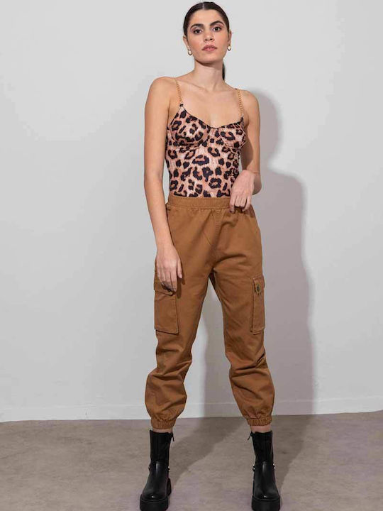 Damen Stoff Cargo Hose mit Gummizug Braun