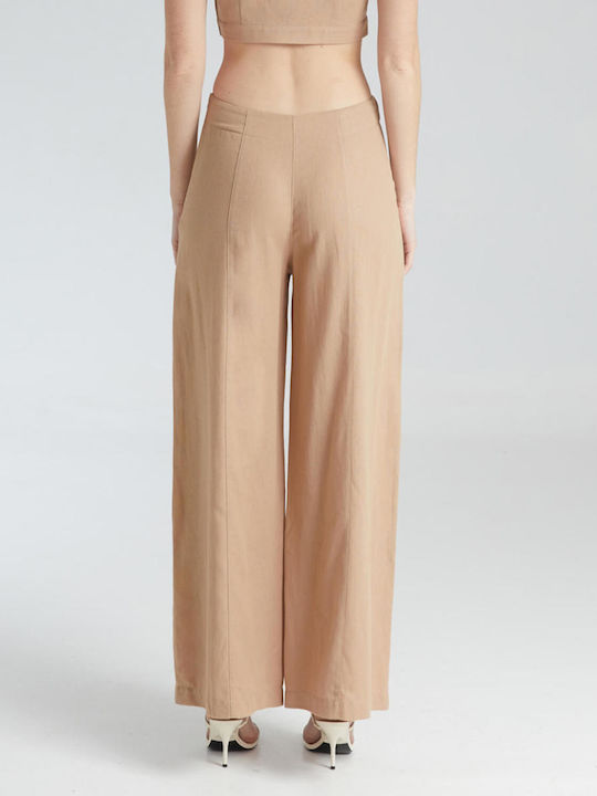 4tailors Kyklos Women's High-waisted Fabric Trousers in Loose Fit Beige