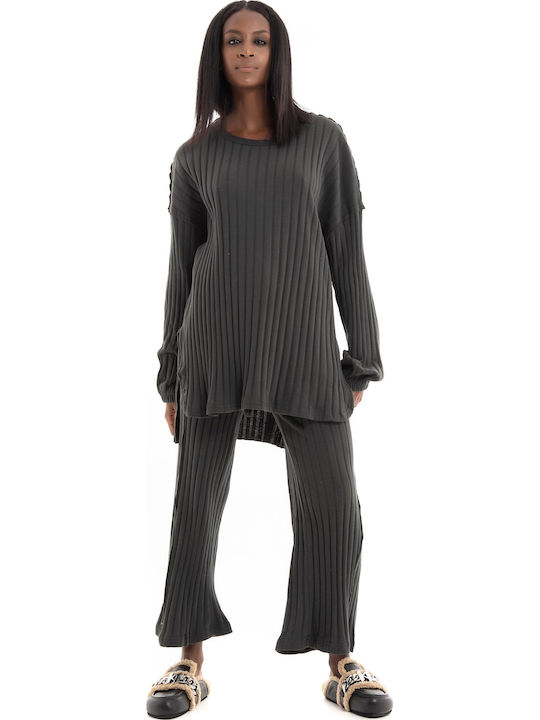 Pants Dark Women's Fabric Trousers with Rubber Band Grey