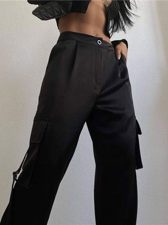 Chica Γυναικείο Ψηλόμεσο Σατέν Cargo Παντελόνι Μαύρο